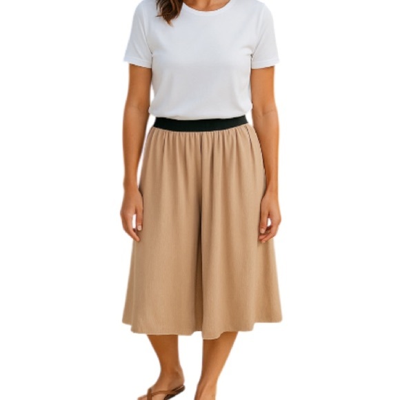 ZARA Plisse Culottes Tan Nude Wide Leg Crop Contrast Black Elastic Waistband S - Picture 1 of 10